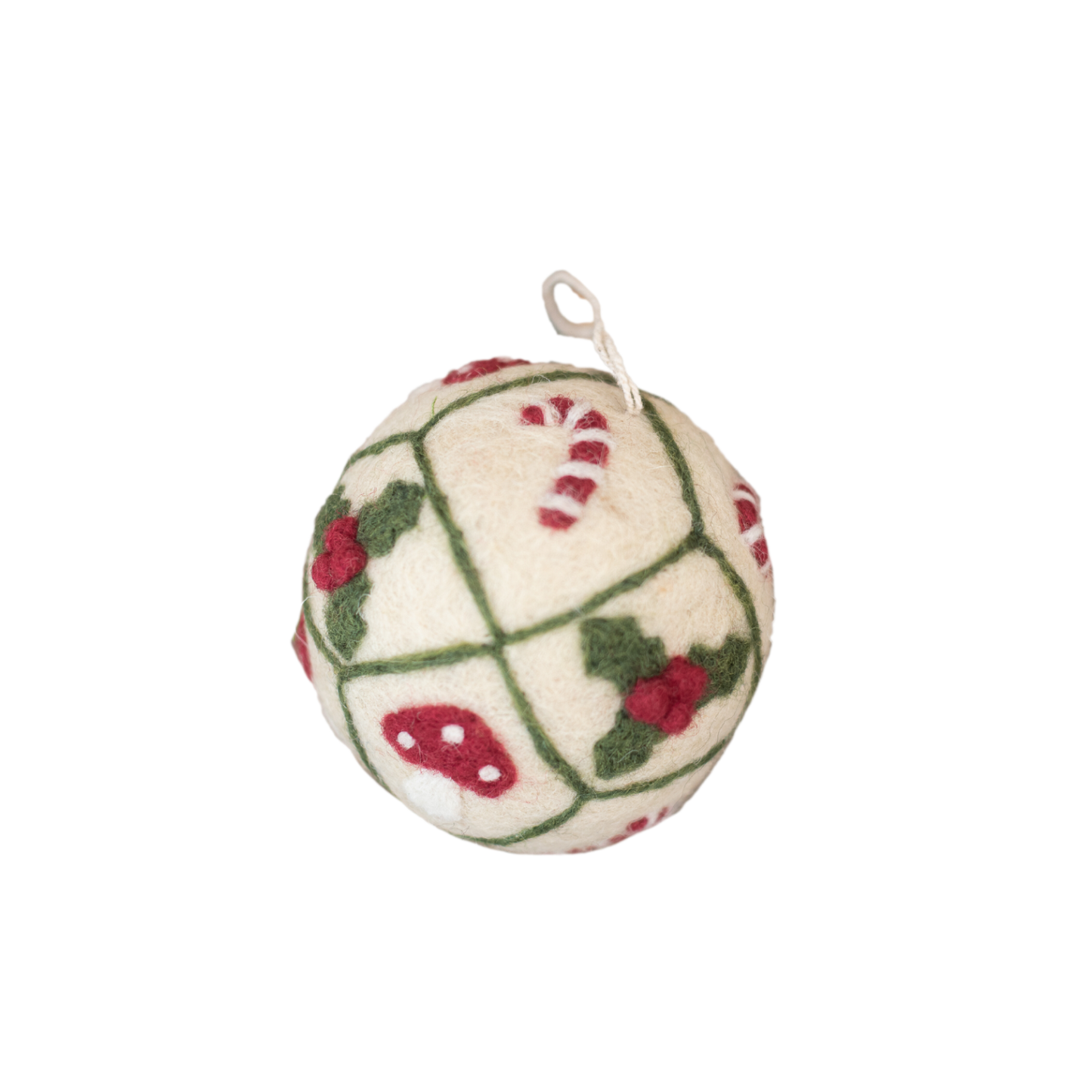 Bauble Grid Ornament featuring embroidered mushrooms and holiday motifs, displayed alone.
