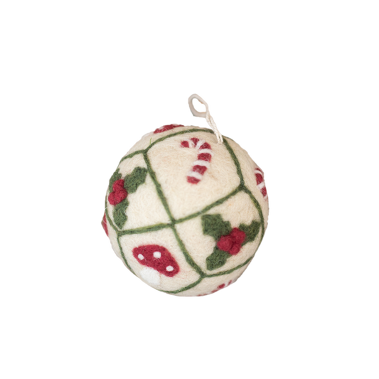 Bauble Grid Ornament featuring embroidered mushrooms and holiday motifs, displayed alone.