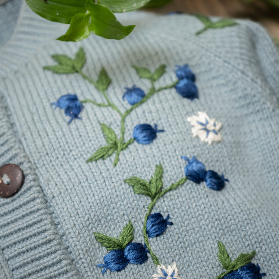 knitted and hand embroidered blueberries cardigan in Duck blue