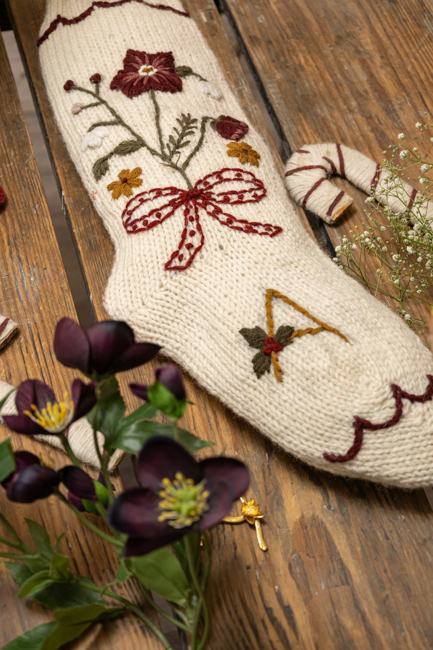 Holiday Hellebore Stocking - Cream white