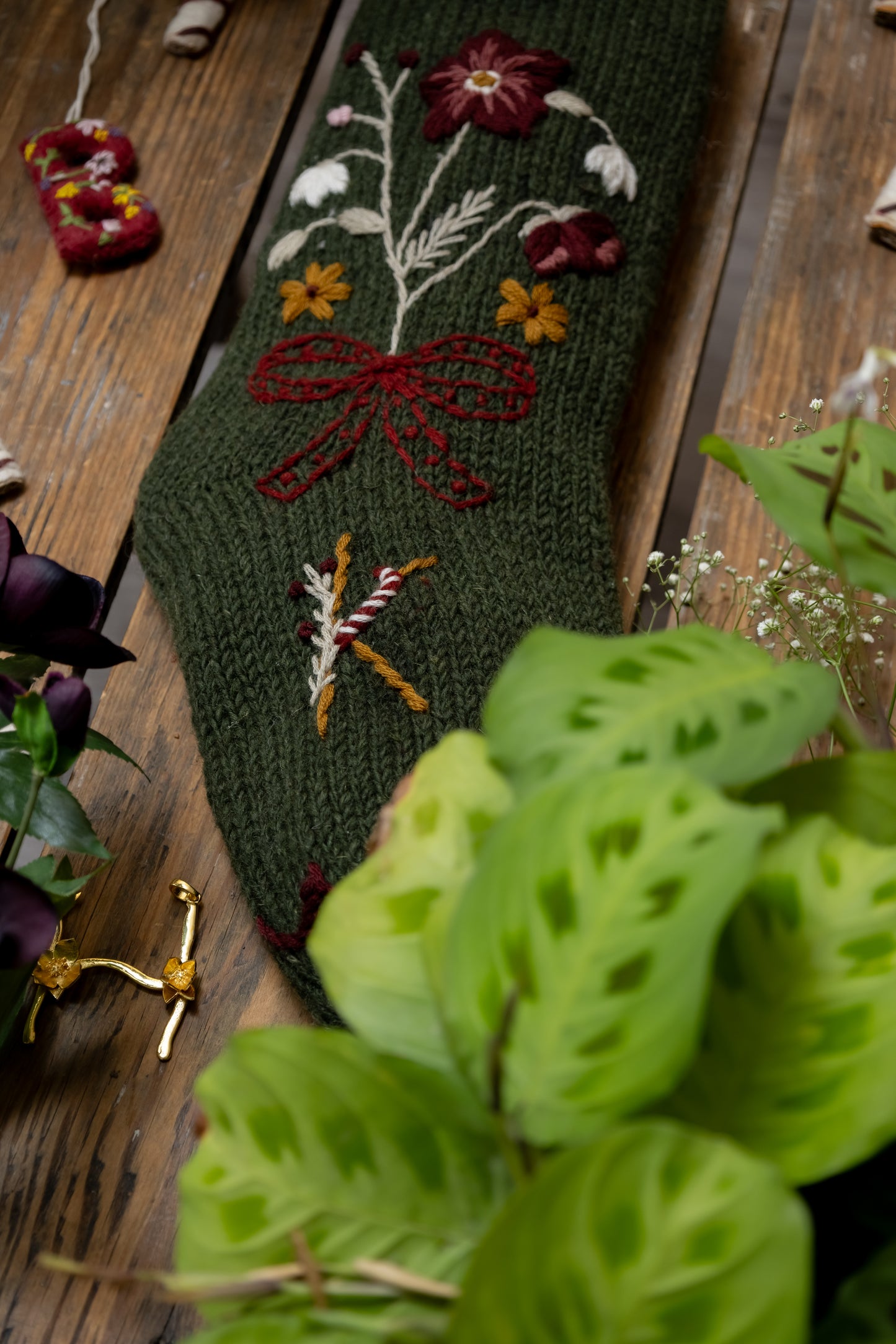 Holiday Hellebore Stocking - Moss
