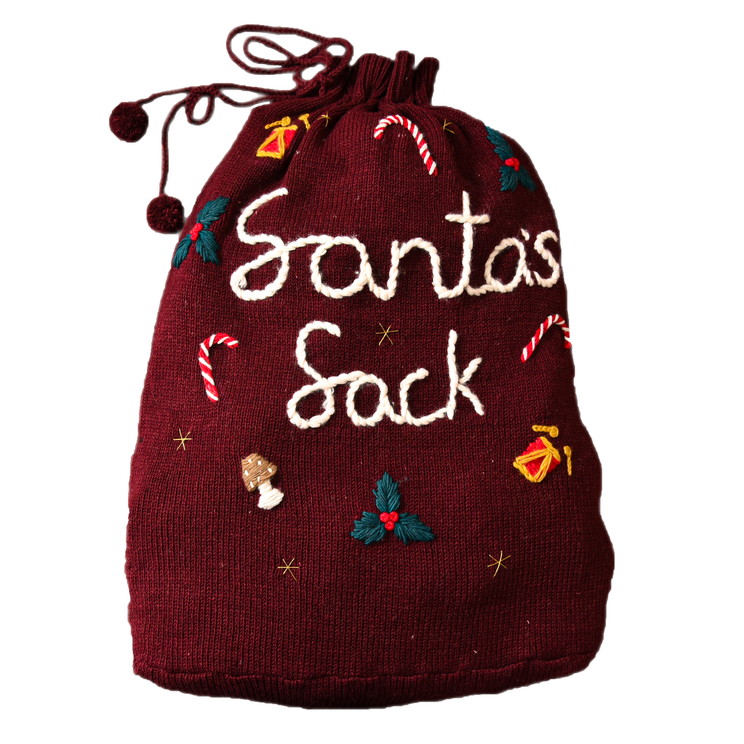 Close-up of a red wool Santa sack with the words "Santa's Sack" embroidered on the front.