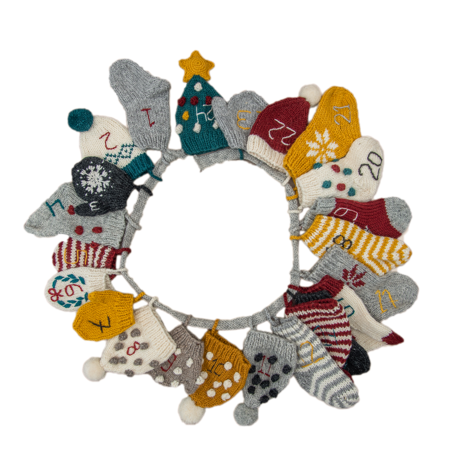 Handcrafted multicolor Advent Calendar with 24 unique mittens, hats, and socks.