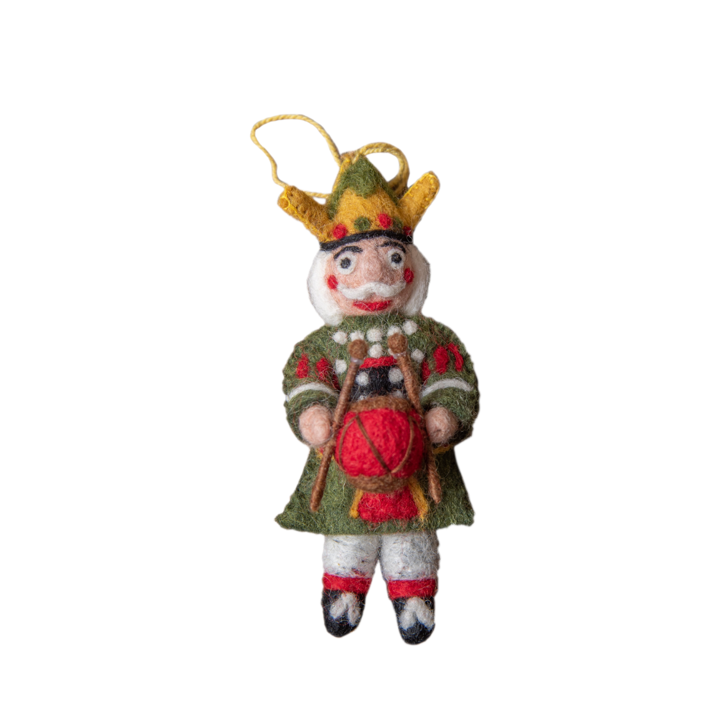 Nutcracker ornament in green with intricate embroidery and whimsical details