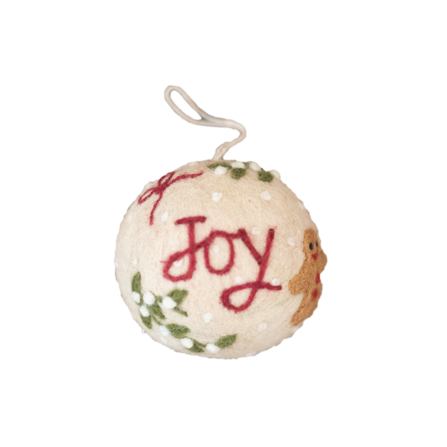 Bauble Joy Ornament featuring the word "JOY" and embroidered holiday motifs, displayed in close-up to highlight its detailed design and festive charm.