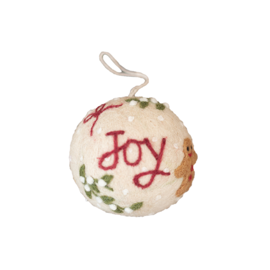 Bauble Joy Ornament featuring the word "JOY" and embroidered holiday motifs, displayed in close-up to highlight its detailed design and festive charm.