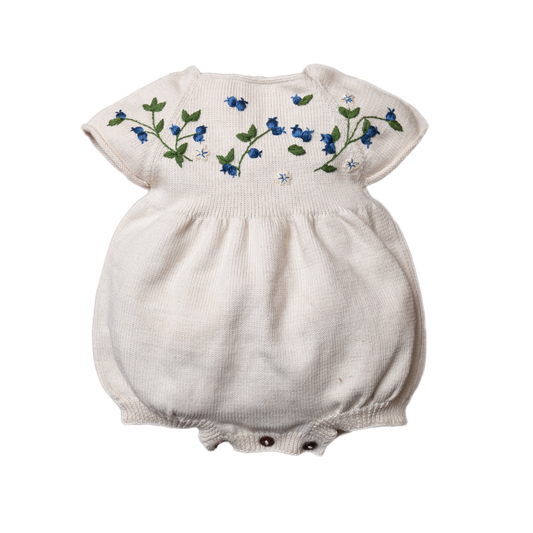 knitted and hand embroidered blueberries romper in Marshmallow