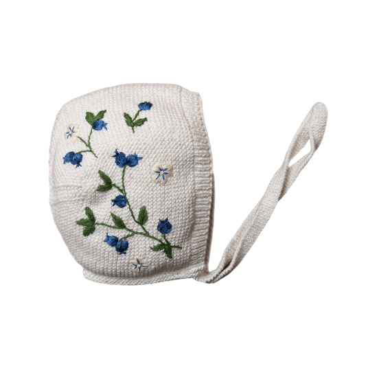 knitted and hand embroidered blueberries bonnet for baby in Marshmallow