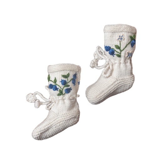 knitted and hand embroidered blueberries footies in Marshmallow 