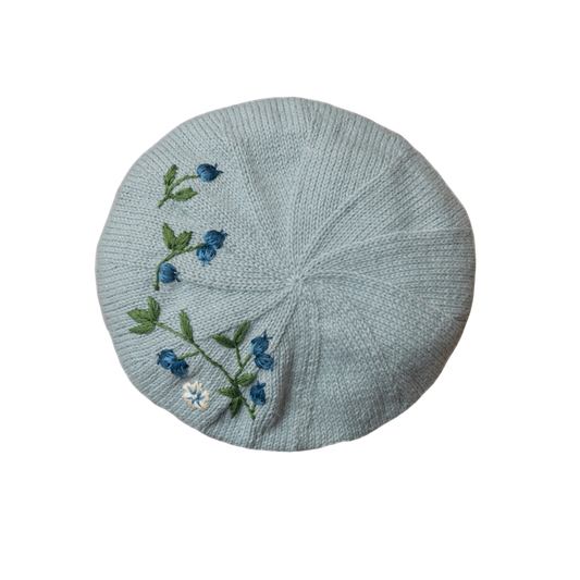 knitted and hand embroidered blueberries beret in Duck blue