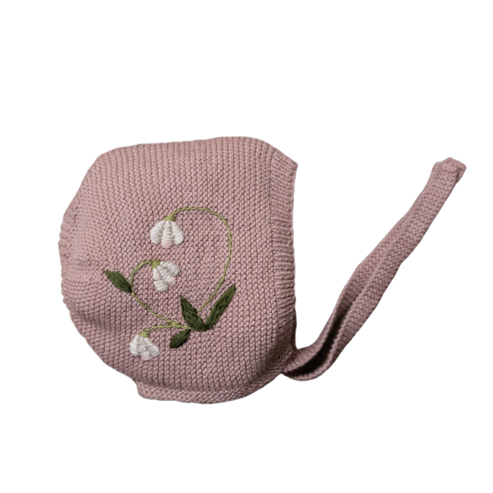 knitted and hand embroidered botanical bonnet