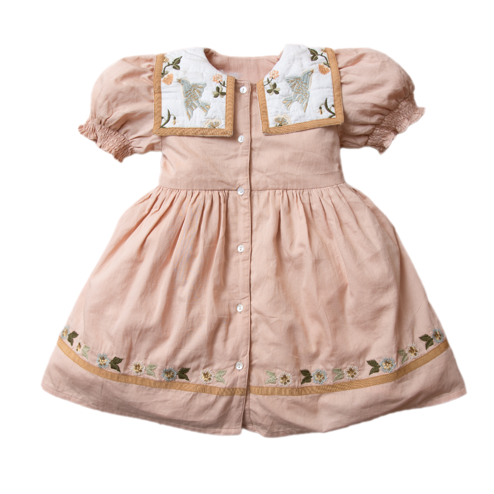 Birdie Bliss dress in Apricot with bird and floral embroidery on the collar.







