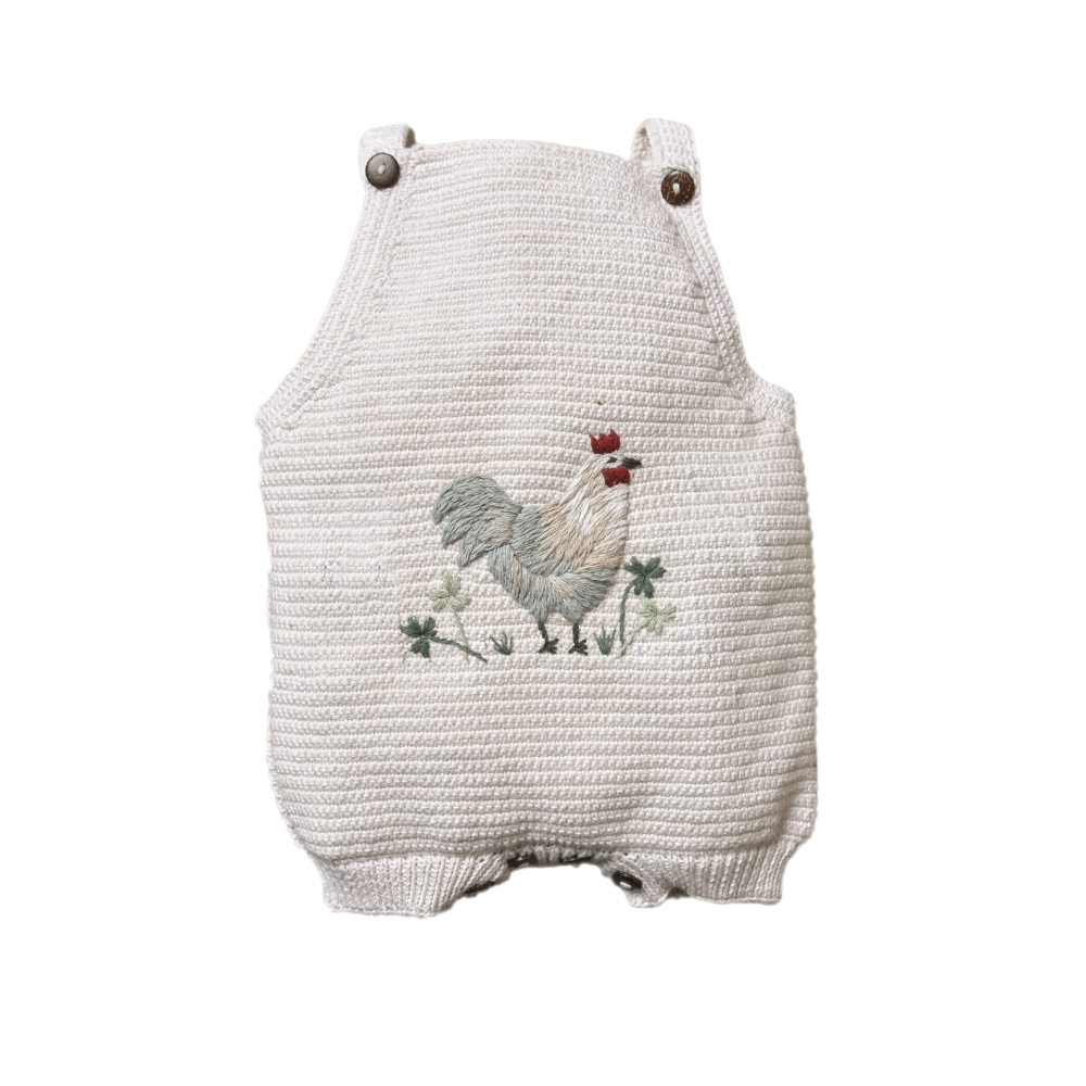 Chicken Romper - Marshmellow, Organic Cotton, Chicken Embroidery, Perfect for Spring & Summer.

