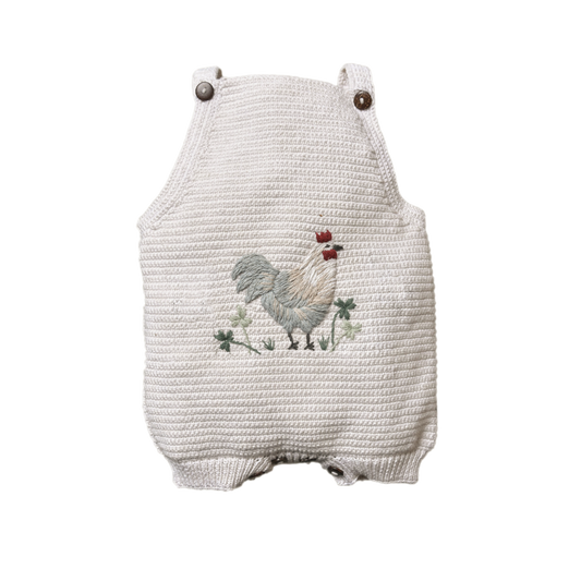 Chicken Romper - Marshmellow, Organic Cotton, Chicken Embroidery, Perfect for Spring & Summer.

