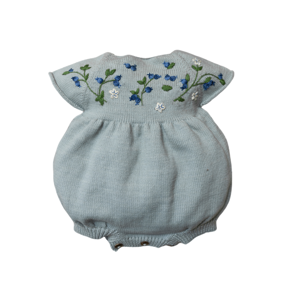 knitted and hand embroidered blueberries romper for kids in Duck blue