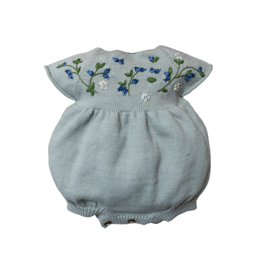 knitted and hand embroidered blueberries romper for kids in Duck blue