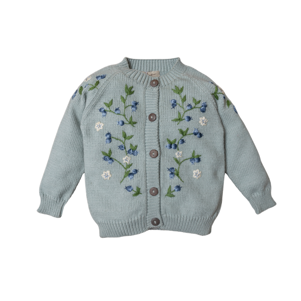 knitted and hand embroidered blueberries cardigan in Duck blue 