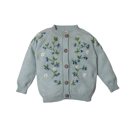 knitted and hand embroidered blueberries cardigan in Duck blue