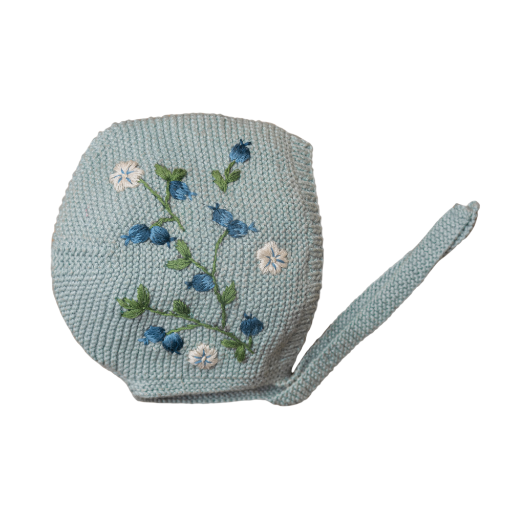 knitted and hand embroidered blueberries bonnet hat for baby in Duck blue