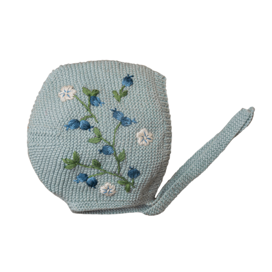 knitted and hand embroidered blueberries bonnet hat for baby in Duck blue