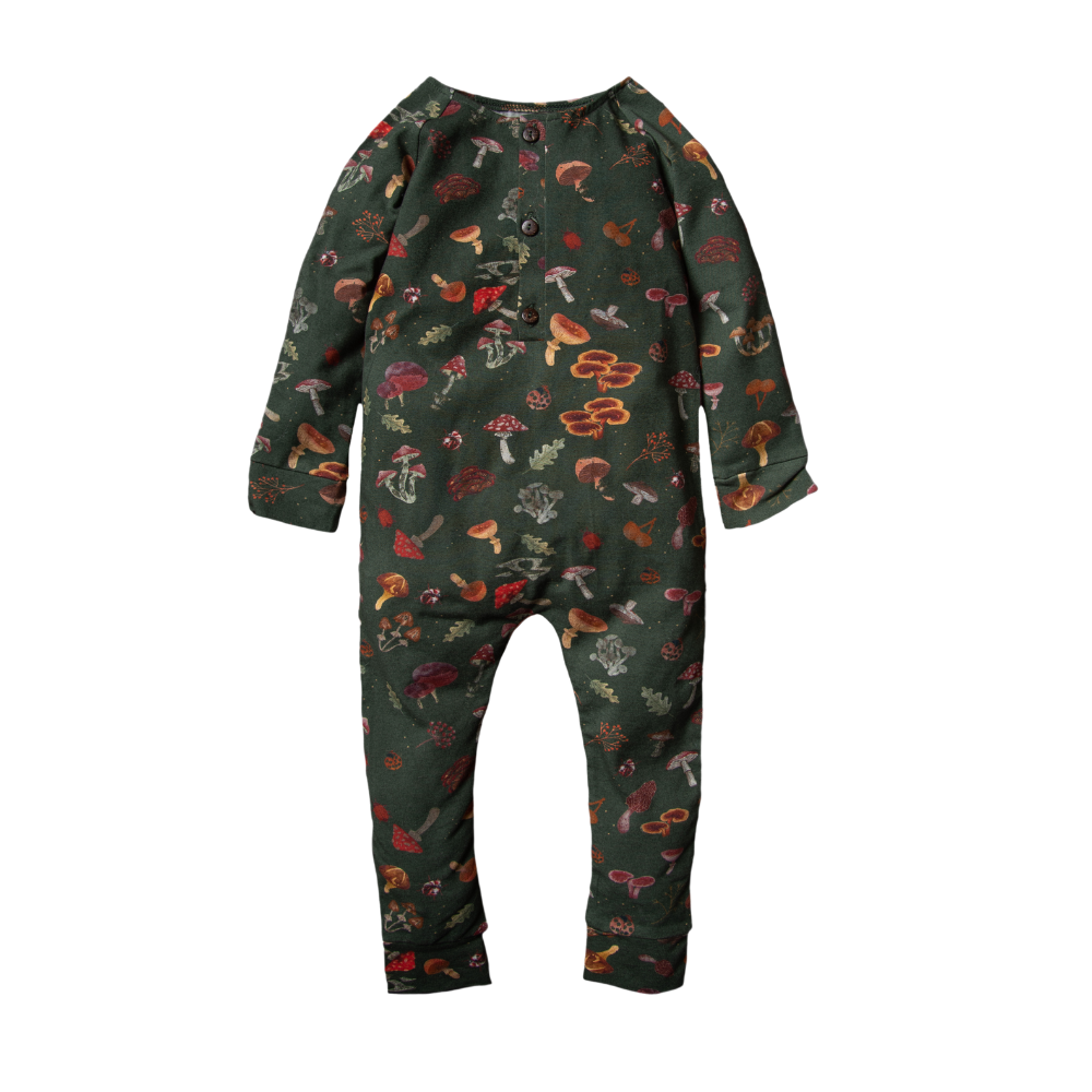 A dark green baby romper with a colorful mushroom print .