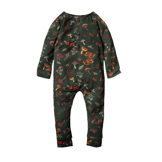 A dark green baby romper with a colorful mushroom print .