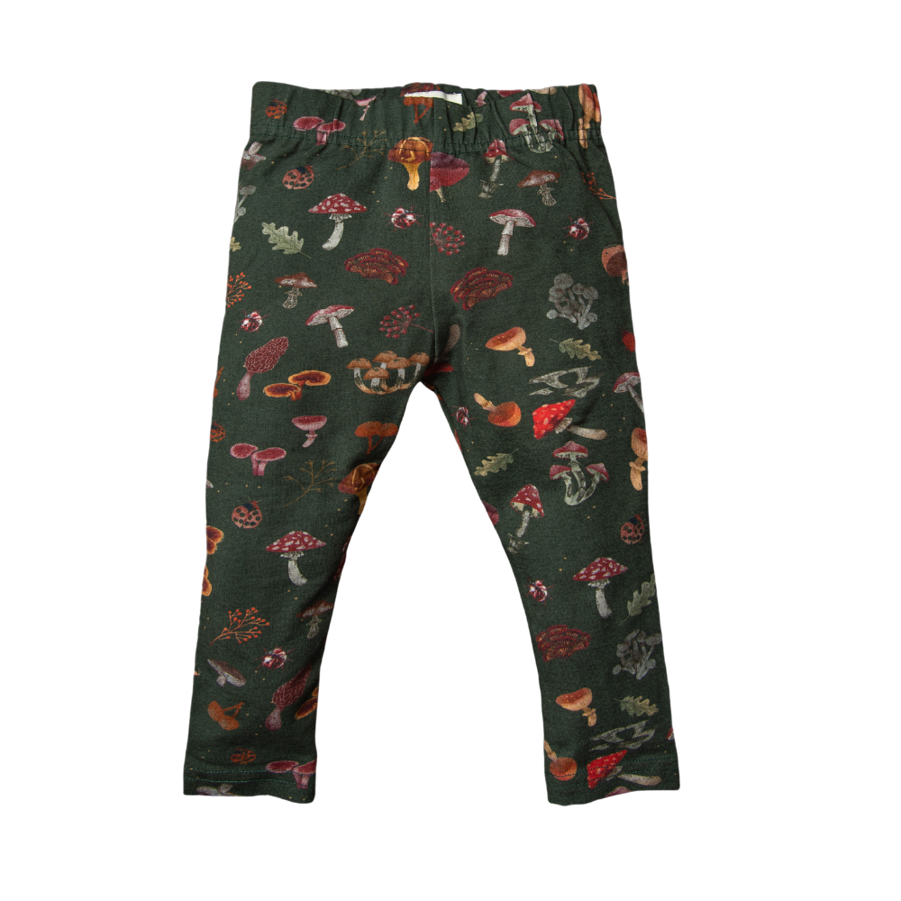 Dark green leggings with a mushroom print.
