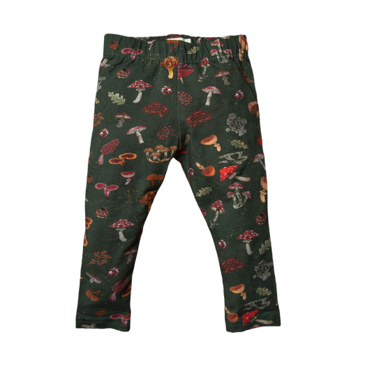 Dark green leggings with a mushroom print.
