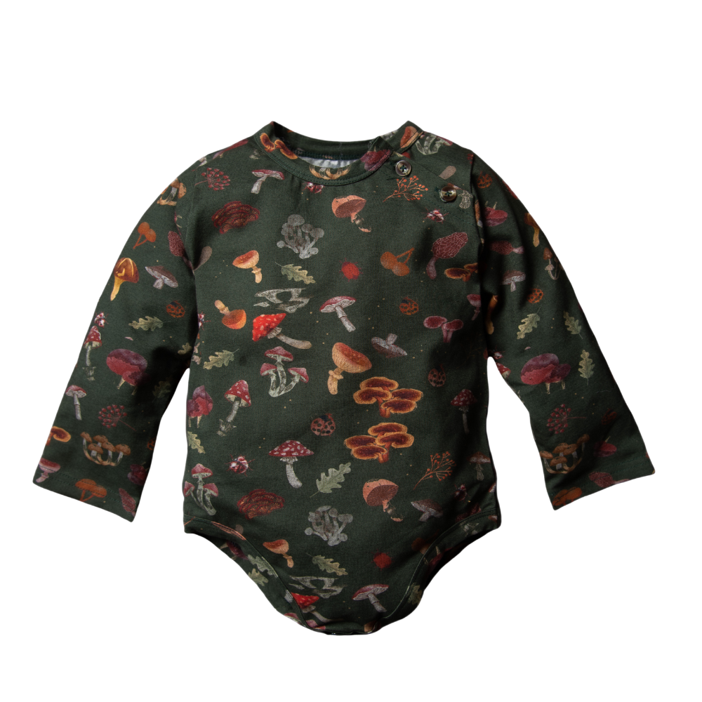 A dark green baby bodysuit with a colorful mushroom print.

