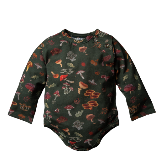 A dark green baby bodysuit with a colorful mushroom print.

