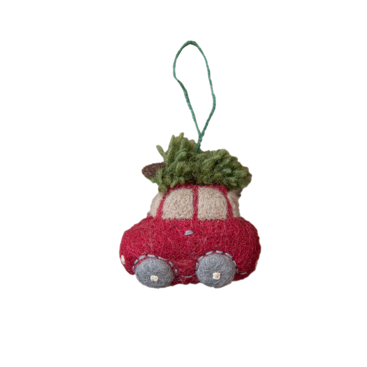 Car Ornament featuring a vintage car with a Christmas tree on top, handcrafted with intricate details