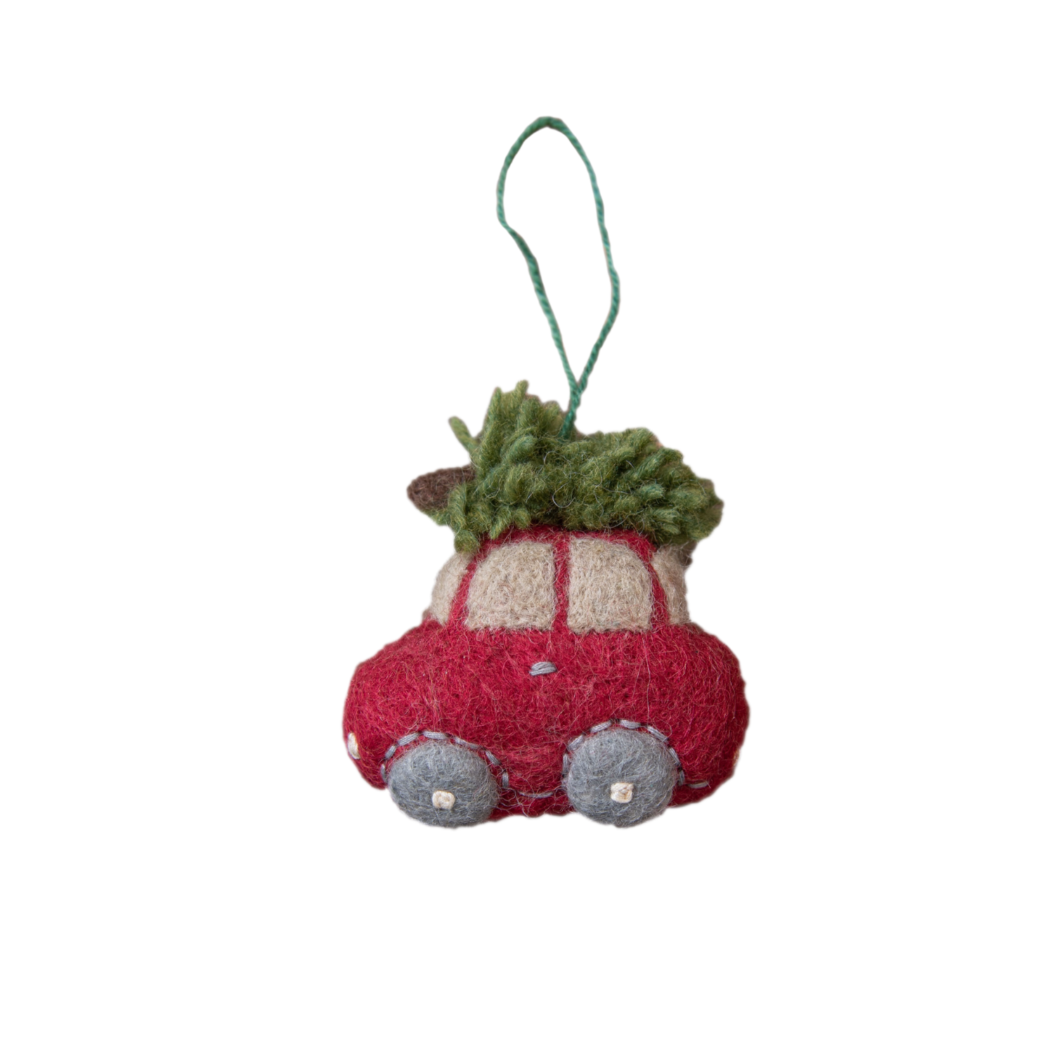 Car Ornament featuring a vintage car with a Christmas tree on top, handcrafted with intricate details