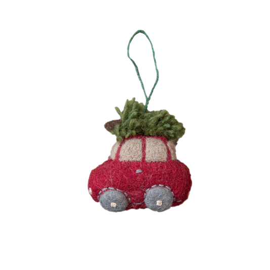 Car Ornament featuring a vintage car with a Christmas tree on top, handcrafted with intricate details