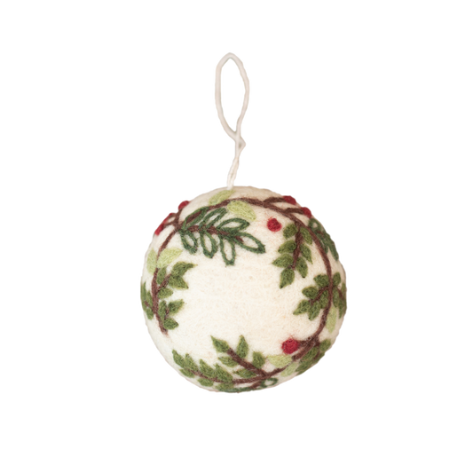 Bauble ornament with embroidered wreath design