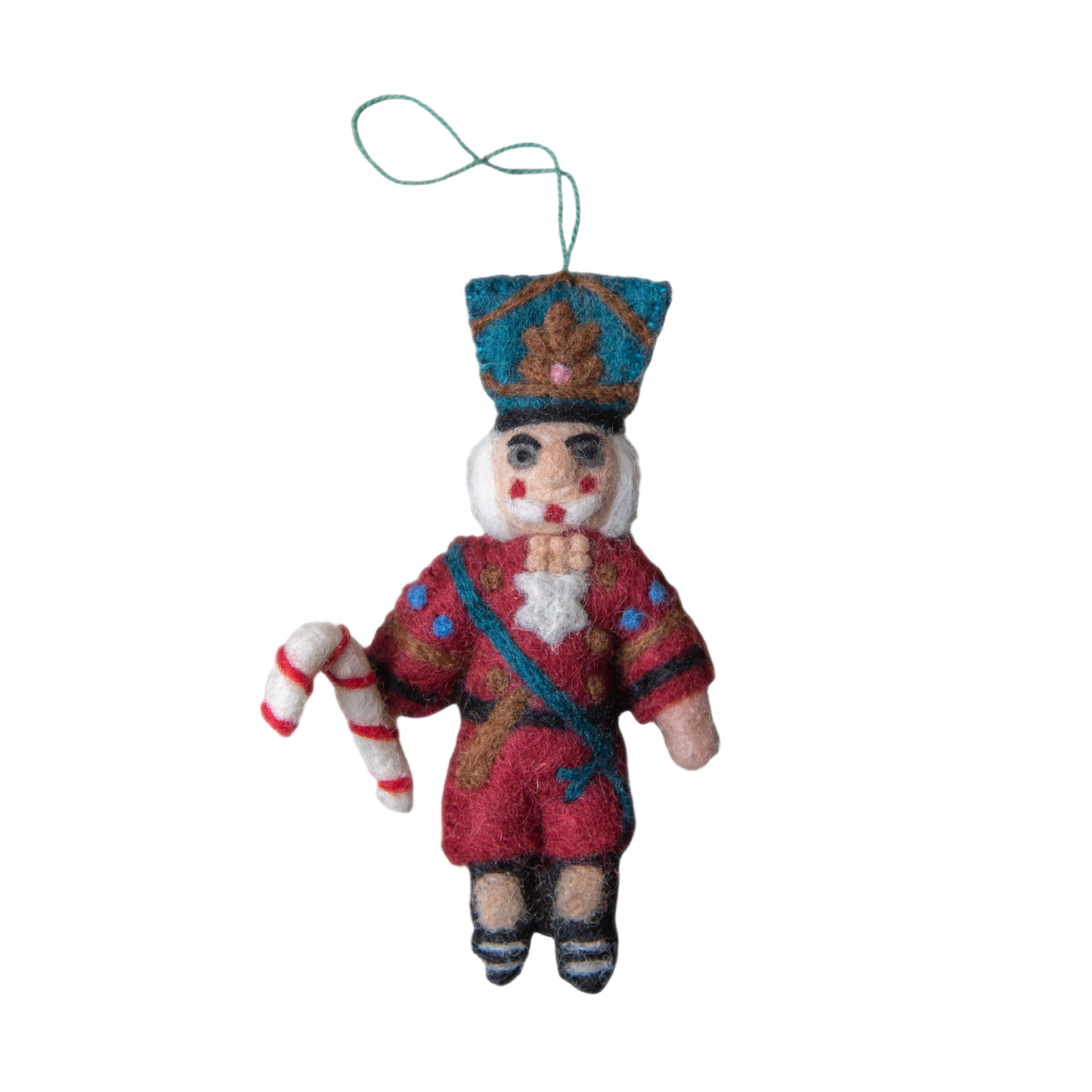 Nutcracker ornament in red with intricate embroidery and whimsical details