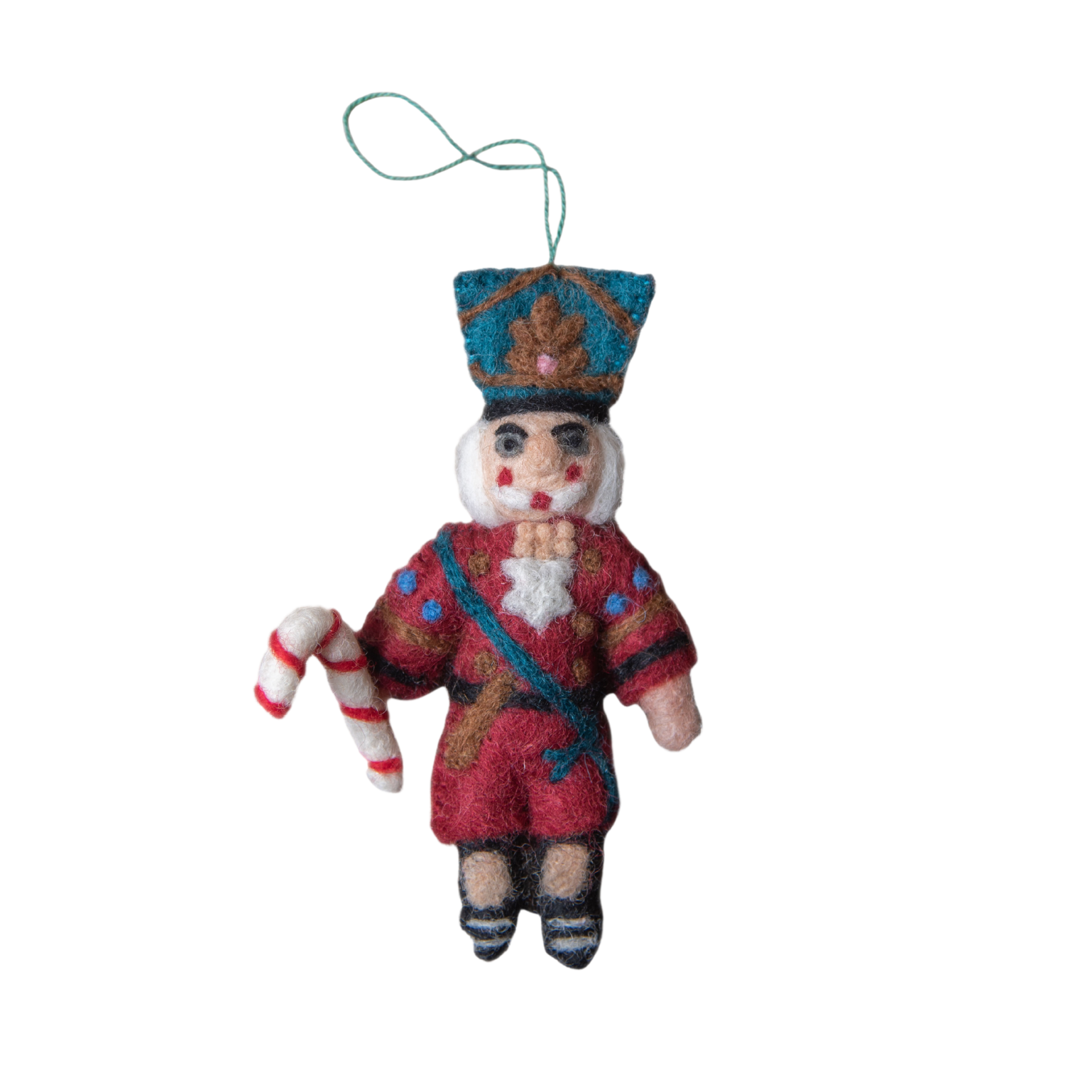 Nutcracker ornament in red with intricate embroidery and whimsical details