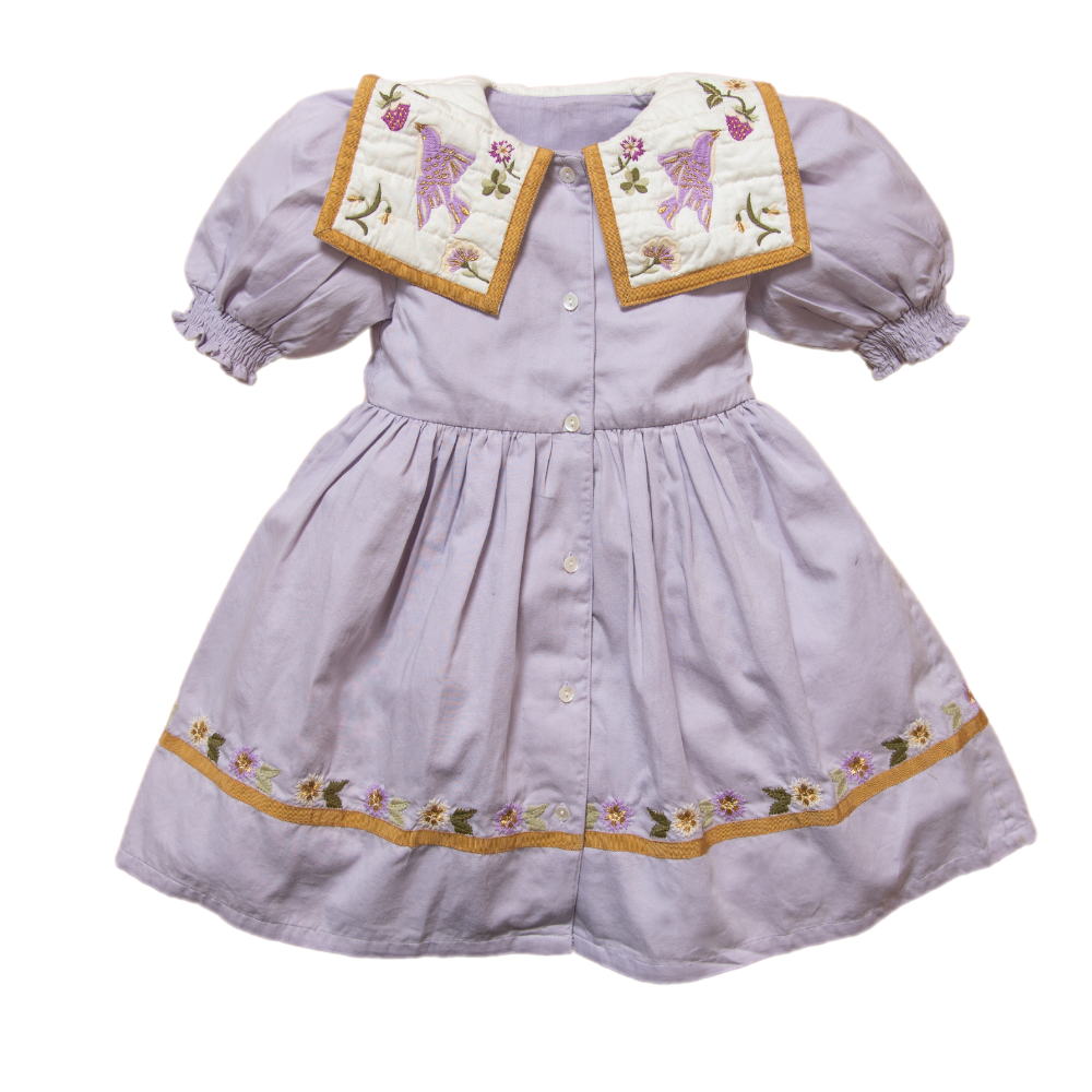 Birdie Bliss Dress - Lilac, bird & floral embroidery, puff sleeves.