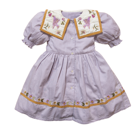 Birdie Bliss Dress - Lilac, bird & floral embroidery, puff sleeves.