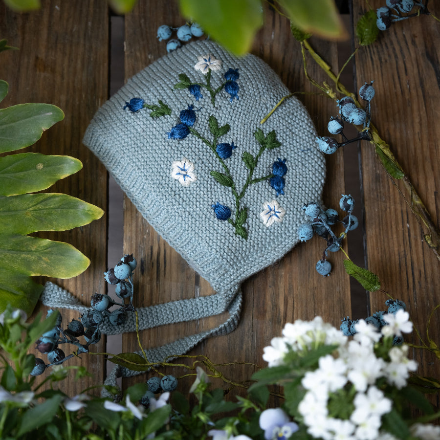 knitted and hand embroidered blueberries bonnet hat for baby