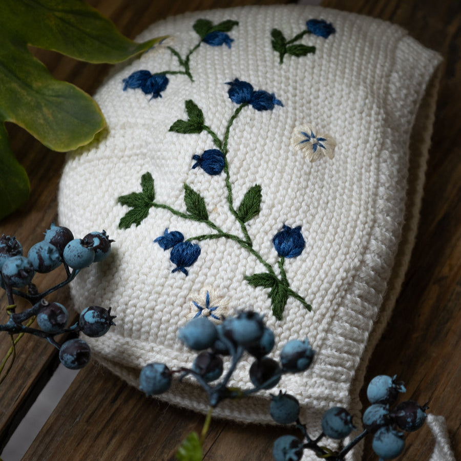 knitted and hand embroidered blueberries bonnet for baby