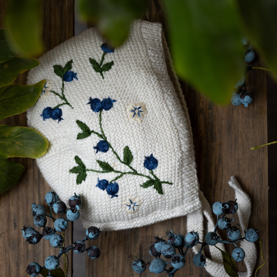 knitted and hand embroidered blueberries bonnet for baby