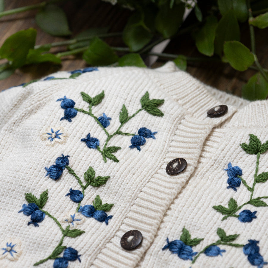 white knitted blueberries cardigan for kids