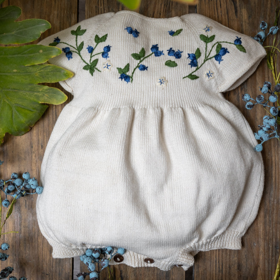 knitted and hand embroidered blueberries romper