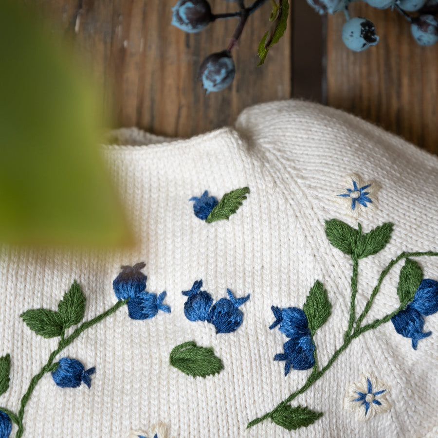 knitted and hand embroidered blueberries romper
