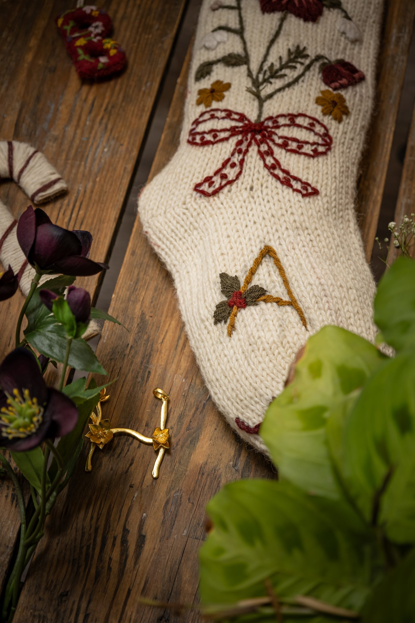 Holiday Hellebore Stocking - Cream white