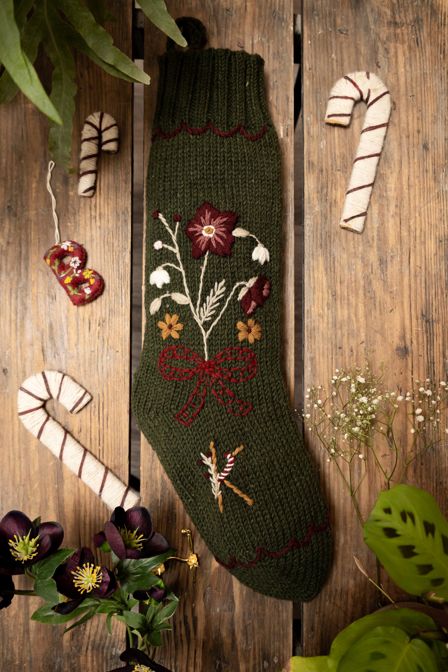 Holiday Hellebore Stocking - Moss