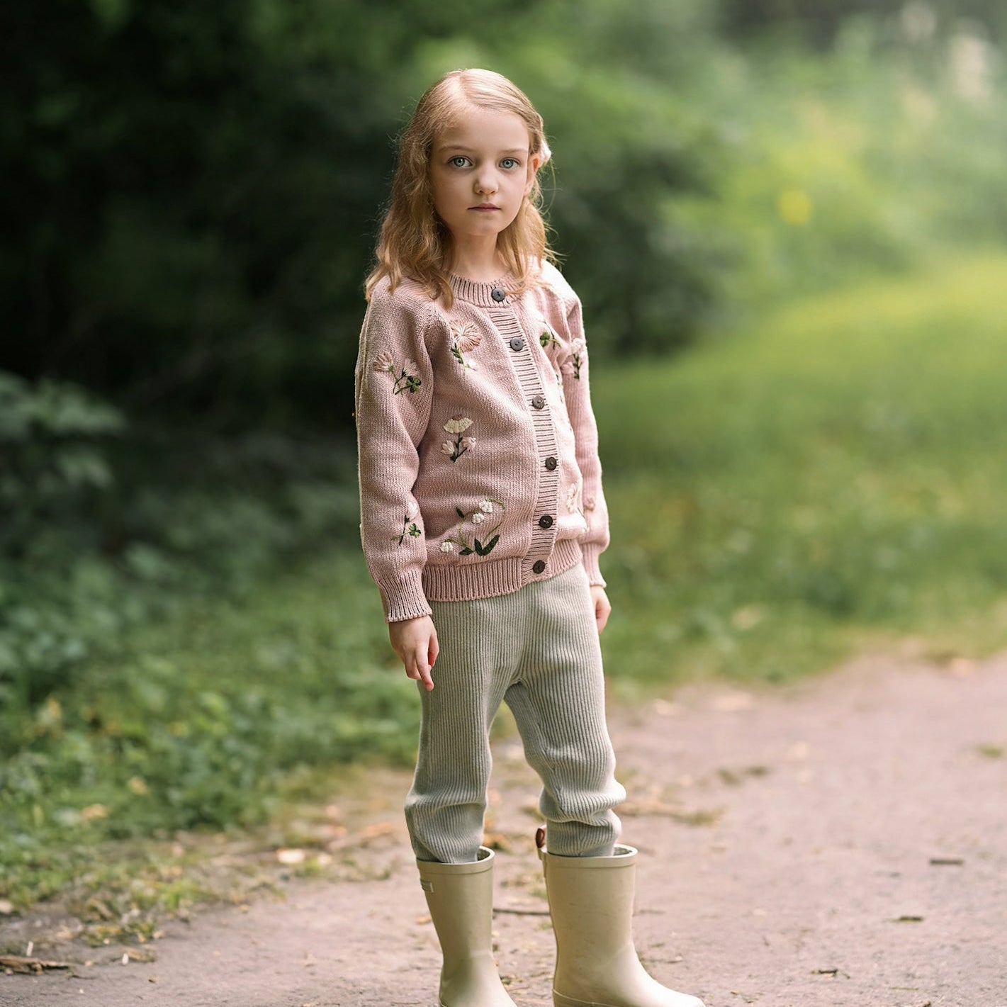 Young girl standing on a path in a park wearing a pink sweater and rain boots.